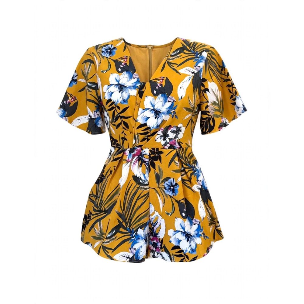 Paparatzi Mustard Floral V-Neck Short Romper S